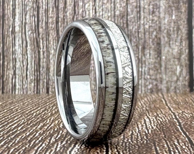 Silver Deer Antler Meteorite Ring Wedding Band for Men Women, 8MM, Deer Antler Ring, Meteorite Ring, Gray Tungsten Ring, Mens Wedding Band