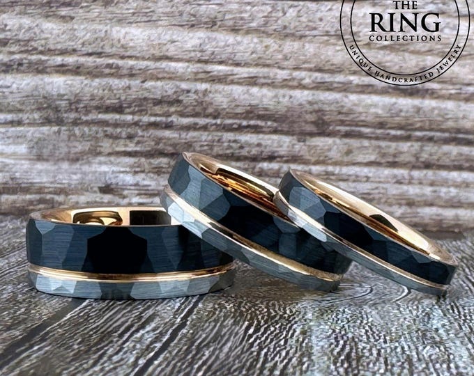 Hammered Black Silver and Rose Gold Tungsten Carbide Ring Wedding Band for Men Women, Available in 4mm 6mm 8mm and Half Sizes 4 to 15