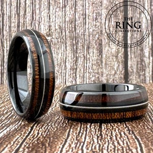 8mm 6mm Black Wedding Band Guitar String and Wood Inlay Men Women, Unique Black Tungsten Ring with Wood and Guitar String, Gift for Him Her
