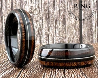 8mm 6mm Black Wedding Band Guitar String and Wood Inlay Men Women, Unique Black Tungsten Ring with Wood and Guitar String, Gift for Him Her