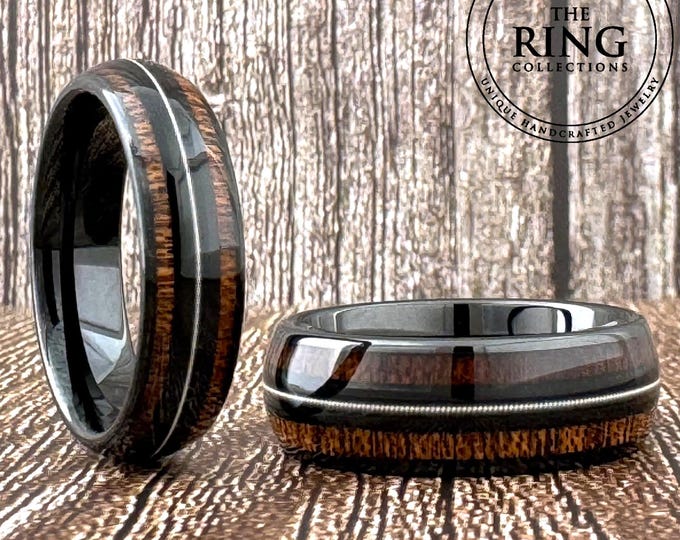 8mm 6mm Black Wedding Band Guitar String and Wood Inlay Men Women, Unique Black Tungsten Ring with Wood and Guitar String, Gift for Him Her