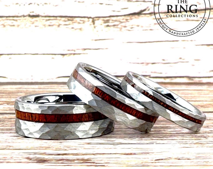 Silver Hammered Tungsten Ring with Wood Inlay for Men Women, Gray Silver Wedding Band, Tungsten Band Ring with Wood Inlay, Mens Wedding Band