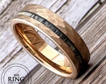 6MM 8MM Rose Gold Deer Antler Tungsten Ring Hammered Wedding Band Men Women Antler Inlay Ring Size 5 to 15 Engagement Promise Ring