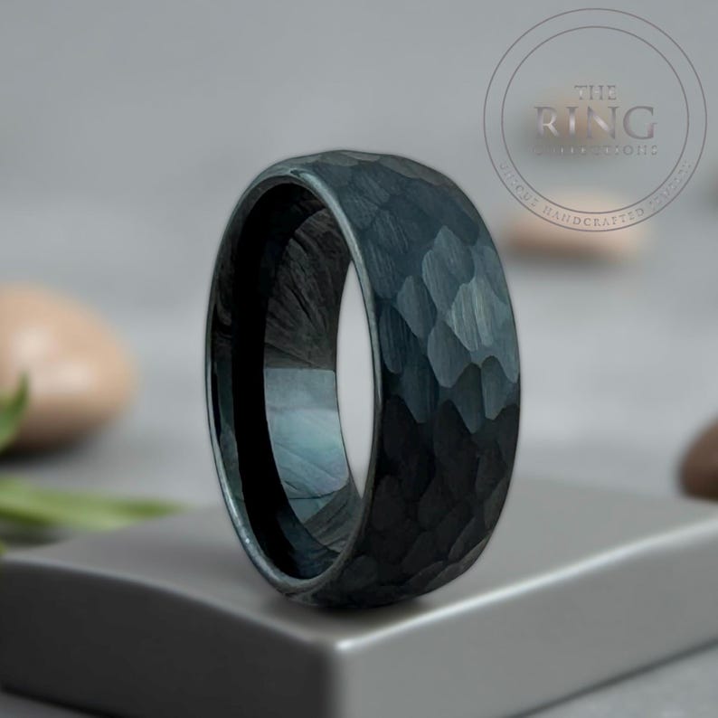 Black Hammered Tungsten Ring, Men Women Wedding Band Set, Comfort Fit image 2