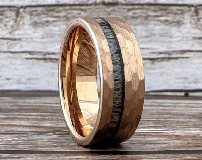 Rose Gold Hammered Tungsten Ring Wedding Band Deer Antler Ring for Men Women, Size 5 to 15, Elk Antler Ring, His Hers Anniversary Gift