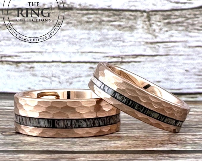 Rose Gold Hammered Tungsten Ring, Deer Antler Inlay, 6MM, 8MM, Comfort Fit, Size 5 to 15, Rose Gold Wedding Band Men Women, Deer Antler Ring