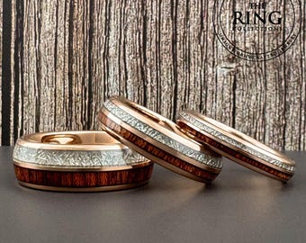 Rose Gold Wood and Meteorite Inlay Wedding Band for Men Women, Rose Gold and Wood Tungsten Ring, 4MM 6MM 8MM, Wood Ring, Meteorite Inlay