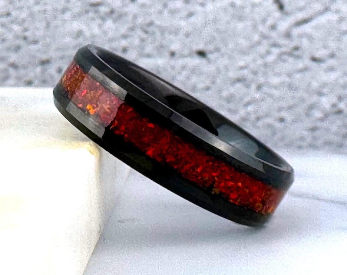Black Tungsten Ring with Red Opal Inlay, 6mm Black Wedding Band Ring Men Women, Black Polished Finish Beveled Tungsten, Black Wedding Band