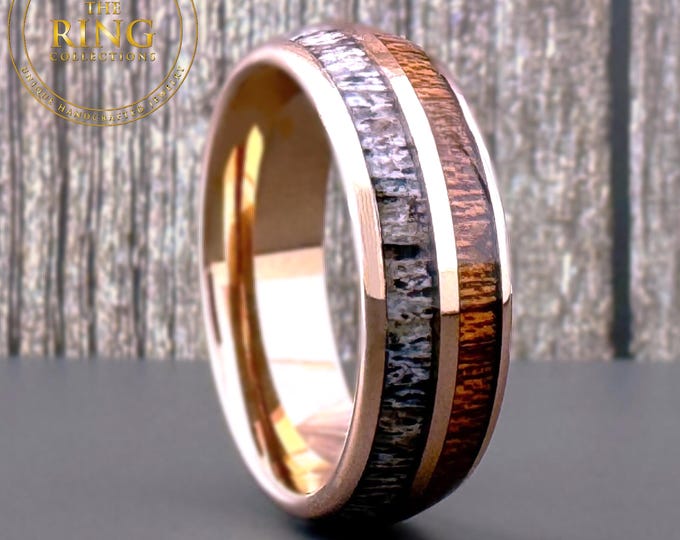 Rose Gold Tungsten Ring Wedding Band with Deer Antler and Koa Wood for Men and Women. Half Sizes available 4 to 15 in 6mm and 8mm.