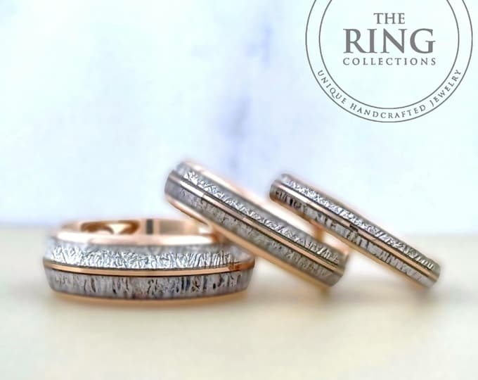 Rose Gold Deer Antler Meteorite Tungsten Ring Wedding Band for Men Women. Available in 4mm, 6mm and 8mm. Sizes 4 to 15, half sizes available