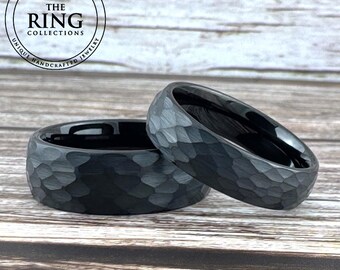 Black Hammered Tungsten Ring for Men Women, Black Obsidian Wedding Band Ring, Black Ring, Black Ring Band for Men, 8MM 6MM 4MM, Half Sizes