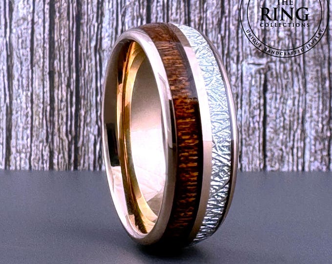 Rose Gold Koa Wood and Meteorite Wedding Band Ring for Men Women, Rose Gold Wood Tungsten Ring, 4MM 6MM 8MM, Wood Ring, Couple Wedding Band