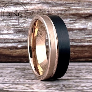 Black Tungsten Ring Wedding Band for Men Women, Rose Gold and Black Wedding Ring, Rose Gold Wedding Band, Black Ring, Proposal, Engagement
