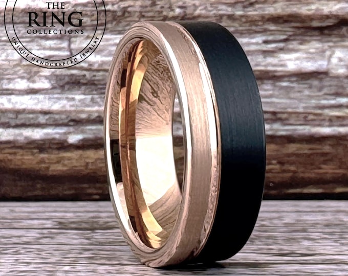 Black and Rose Gold Tungsten Carbide Ring Wedding Band for Men Women, Available in 4MM 6MM 8MM and Half Sizes