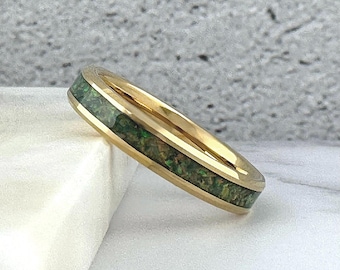 Opal Tungsten Gold Ring Wedding Band, Thin Gold Ring, 4mm Tungsten Wedding Band, Crushed Light Green Opal Ring, Wedding Band for Men Women