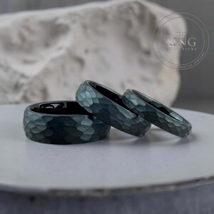 Black Hammered Tungsten Ring, Men Women Wedding Band Set, Comfort Fit image 8