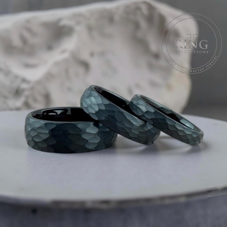 Black Hammered Tungsten Ring, Men Women Wedding Band Set, Comfort Fit image 8