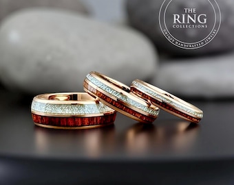 Rose Gold Wedding Band with koa Wood Meteorite Inlay, His Hers Engagement Tungsten Ring