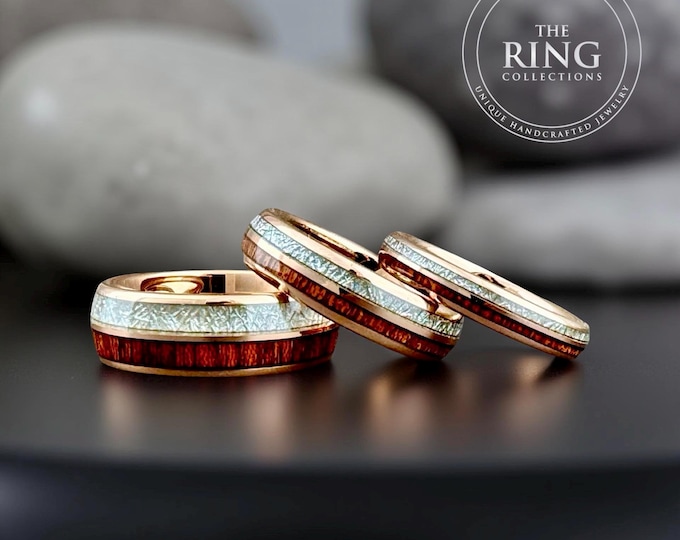 Rose Gold Wedding Band with koa Wood Meteorite Inlay, His Hers Engagement Tungsten Ring