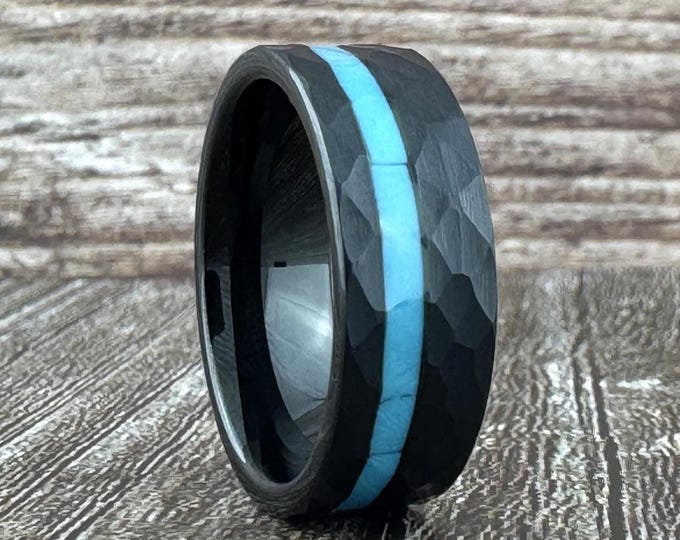 Black and Turquoise Hammered Tungsten Ring for Men Women, Black Obsidian Wedding Band, Black Obsidian Natural Turquoise Ring, 8mm 6mm 4mm