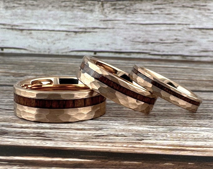 Rose Gold Hammered Tungsten Ring, Wood Inlay, 4MM, 6MM, 8MM, Comfort Fit, Size 4  to 15, Rose Gold Wedding Band Men Women, Wood Ring Band