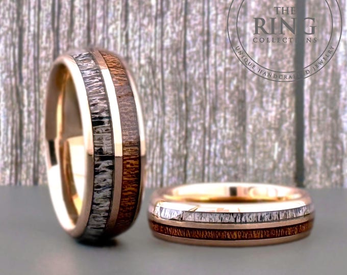 Rose Gold Tungsten Ring Wedding Band with Deer Antler and Koa Wood for Men and Women. Half Sizes available 5 to 15 in 6mm and 8mm.