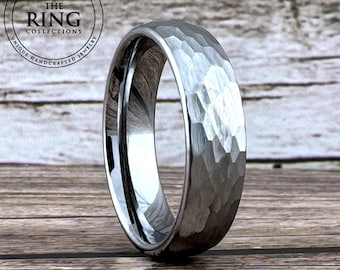 Hammered Wedding Band Men Women Gray Tungsten Ring Silver Wedding Anniversary Ring Brushed Finish 4MM 6MM 8MM Proposal Silvery Ring