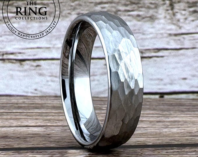 Hammered Wedding Band Men Women Gray Tungsten Ring Silver Wedding Anniversary Ring Brushed Finish 4MM 6MM 8MM Proposal Silvery Ring