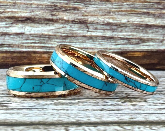 Rose Gold and Turquoise Tungsten Ring Wedding Band for Men Women, Available in 4MM 6MM 8MM, Sizes 4 to 15 (half sizes available).