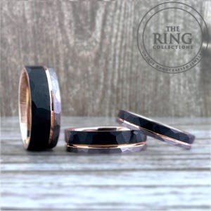 4mm 6mm 8mm Hammered Black Silver and Rose Gold Tungsten Wedding Band for Men Women, Black Obsidian Hammered Ring, Rose Gold Tungsten Ring