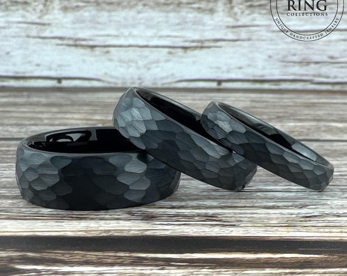 Men Black Hammered Tungsten Wedding Band Women Black Obsidian Hammered Ring Domed Brushed Finish 8MM 6MM 4MM Anniversary Gift