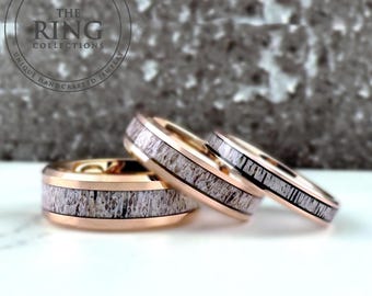 Rose Gold Tungsten Deer Antler Ring Wedding Band, 6MM, 8MM, Deer Antler Ring Band, Deer Antler Tungsten Ring, Tungsten Band for Men Women