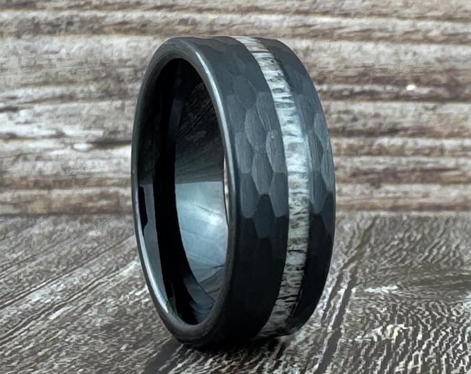 Black Ring Wedding Band for Men, Black Hammered Ring with Deer Antler Inlay, Black Tungsten Ring for Men Women, Black Deer Antler Ring Band
