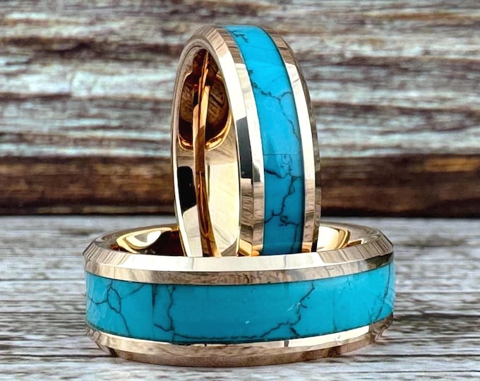 Rose Gold and Turquoise Tungsten Ring Wedding Band for Men Women, Available in 4MM 6MM 8MM, Sizes 4 to 15 (half sizes available).