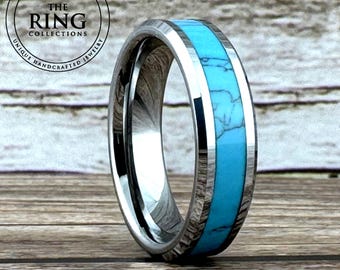 Grey Tungsten Ring Men Wedding Band Turquoise Inlay Women Marriage Ring Silver Color Polished Beveled Finish Available in 4MM 6MM 8MM