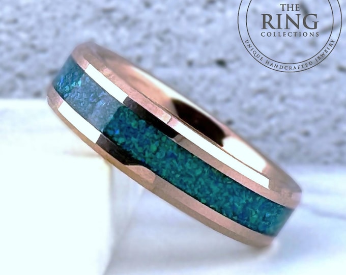 Rose Gold Tungsten Opal Ring Wedding Band, 6mm, Rose Gold Tungsten Wedding Band, Green Opal Ring Wedding Band for Men Women, Tungsten Opal