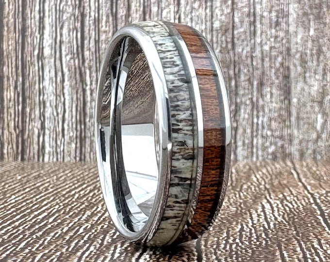 8mm Silver Gray Deer Antler and Koa Wood Ring Wedding Band for Men Woman, Sizes 5 to 15 with half sizes available.