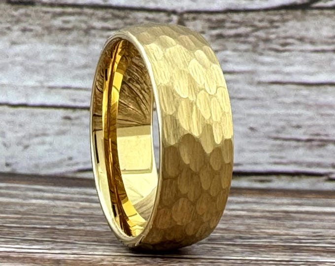 Gold Tungsten Ring for Men Women, Gold Hammered Wedding Band for Men Woman, Engagement, Anniversary Ring, 8mm 6mm 4mm Half Sizes Available