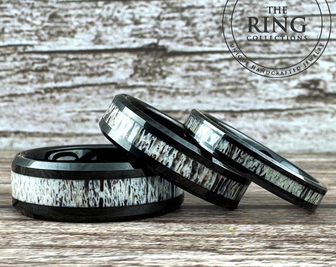 Black Tungsten Deer Antler Wedding Band Ring for Men Women, Black Ring for Men, Deer Antler Wedding Band Ring, Black Wedding Band Men Women