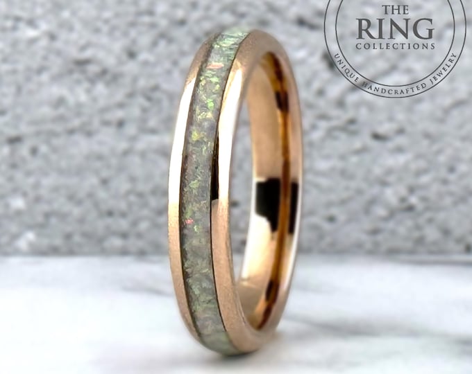Rose Gold Tungsten Ring: White Fire Opal Inlay, 4mm Women Wedding Band, Crushed Opal Men's Ring, Polished Finish