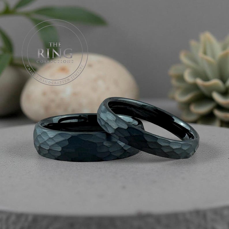 Black Hammered Tungsten Ring, Men Women Wedding Band Set, Comfort Fit image 10