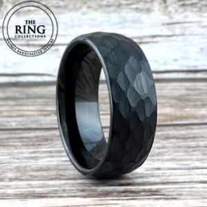 Black Hammered Wedding Band for Men Women Obsidian Tungsten Ring Black His Hers Anniversary Engagement Ring 8MM 6MM 4MM Half Sizes 4 to 15