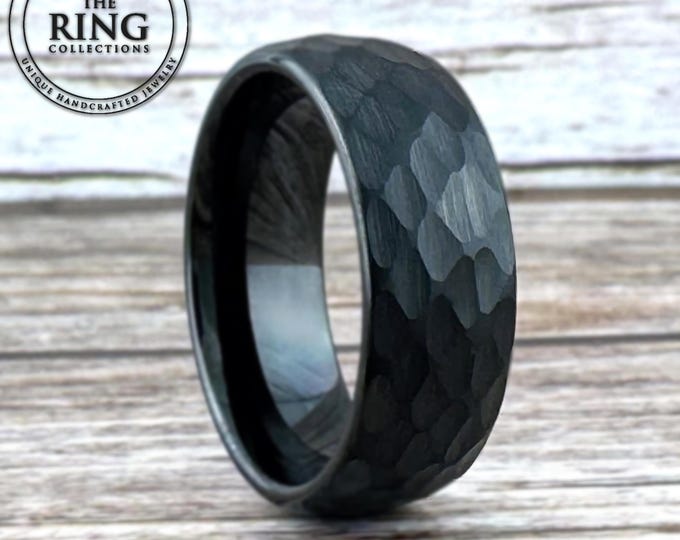 Black Hammered Wedding Band for Men Women Obsidian Tungsten Ring Black His Hers Anniversary Engagement Ring 8MM 6MM 4MM Half Sizes 4 to 15