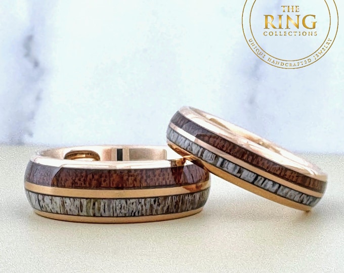 Rose Gold Tungsten Ring Wedding Band with Deer Antler and Koa Wood for Men and Women. Half Sizes available 4 to 15 in 6mm and 8mm.