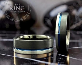 Black Gray Tungsten Ring Blue Channel Inlay Men Women Wedding Engagement Band 8MM 6MM Anniversary Gift