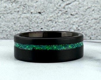 Black Tungsten Ring with Green Opal Inlay, 8MM Black Tungsten Wedding Band Ring for Men Women, Black Obsidian Tungsten Ring Band Men Women