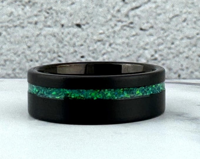 Black Tungsten Ring with Green Opal Inlay, 8MM Black Tungsten Wedding Band Ring for Men Women, Black Obsidian Tungsten Ring Band Men Women