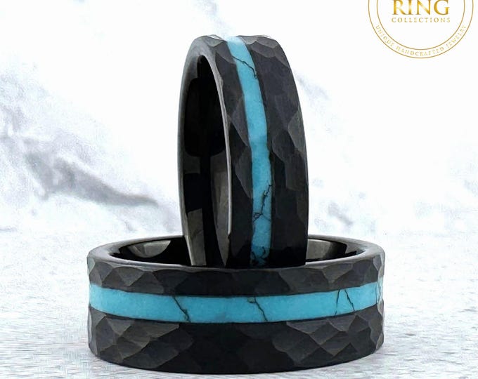 Black Tungsten Ring with Turquoise Inlay, Black Hammered Wedding Band Men Women, Turquoise Ring Wedding Band, Engagement Band