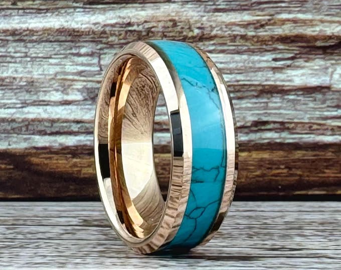 Rose Gold and Turquoise Tungsten Ring Wedding Band for Men Women, Available in 4MM 6MM 8MM, Sizes 4 to 15 (half sizes available).