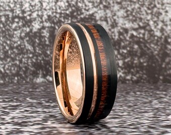 Black Wedding Band with Wood Inlay and Rose Gold Groove, Rose Gold and Black Tungsten Ring for Men Women, 6MM 8MM, Black Wood Ring Band Men
